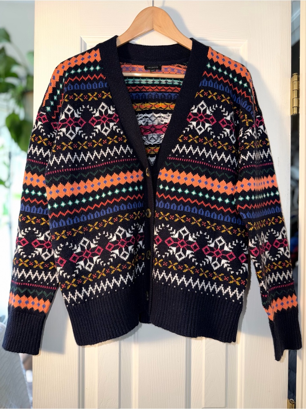 Talbots Fair Isle Cardigan Sweater Multicolor Button Front Cotton Blend M